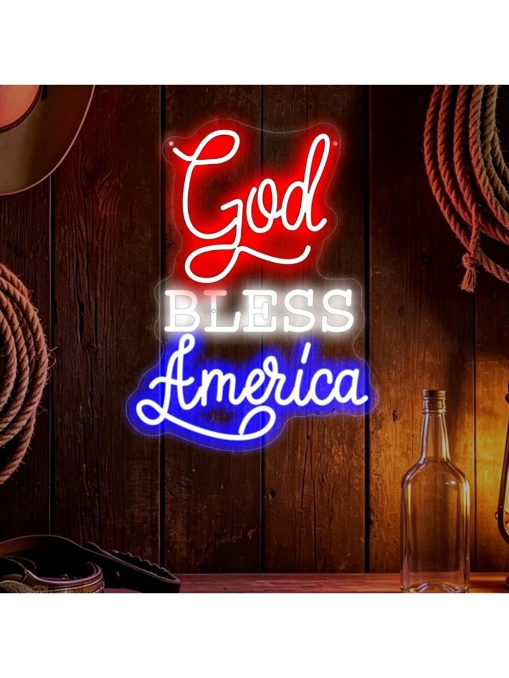 Patriotic Neon Sign - God Bless America Wall Decor for Holidays, 12.8” x 16.9
